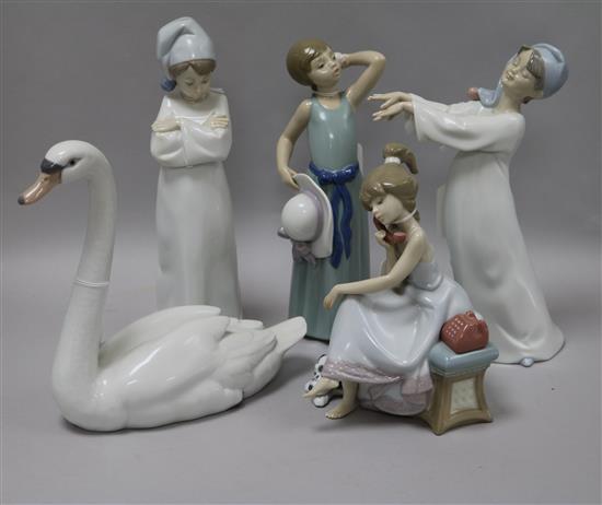 A Lladro figure, Chit-Chat, No. 5466 and four other figures, tallest 27cm